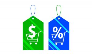 Etiquetas de preço verde e azul com símbolos de cifrão e porcentagem, representando cupons de desconto