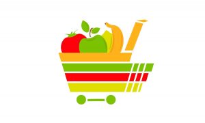 Ilustração de carrinho de supermercado com frutas, representando compras de mercado pelo celular