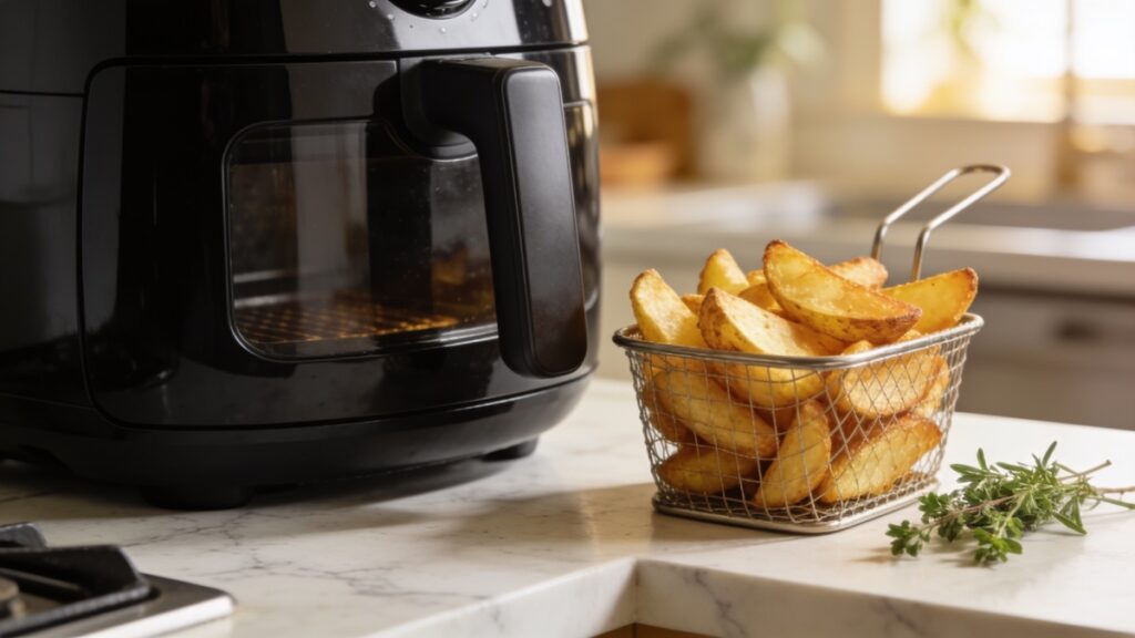 Air fryer preta na bancada de mármore ao lado de uma cesta de batatas rústicas douradas e ervas frescas