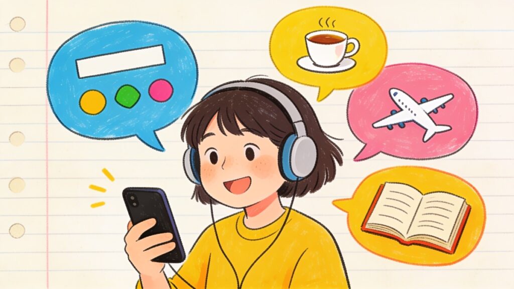 Desenho de jovem com fones de ouvido estudando idiomas no celular, com balões de fala ilustrados