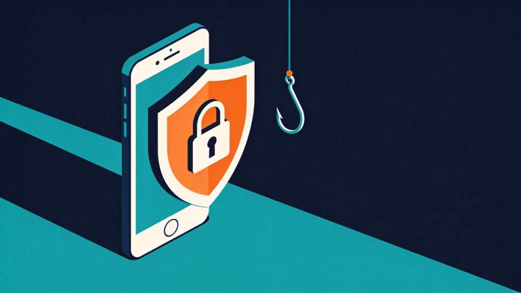 Ilustração de celular protegido por um escudo com cadeado, com um anzol ao lado representando golpe