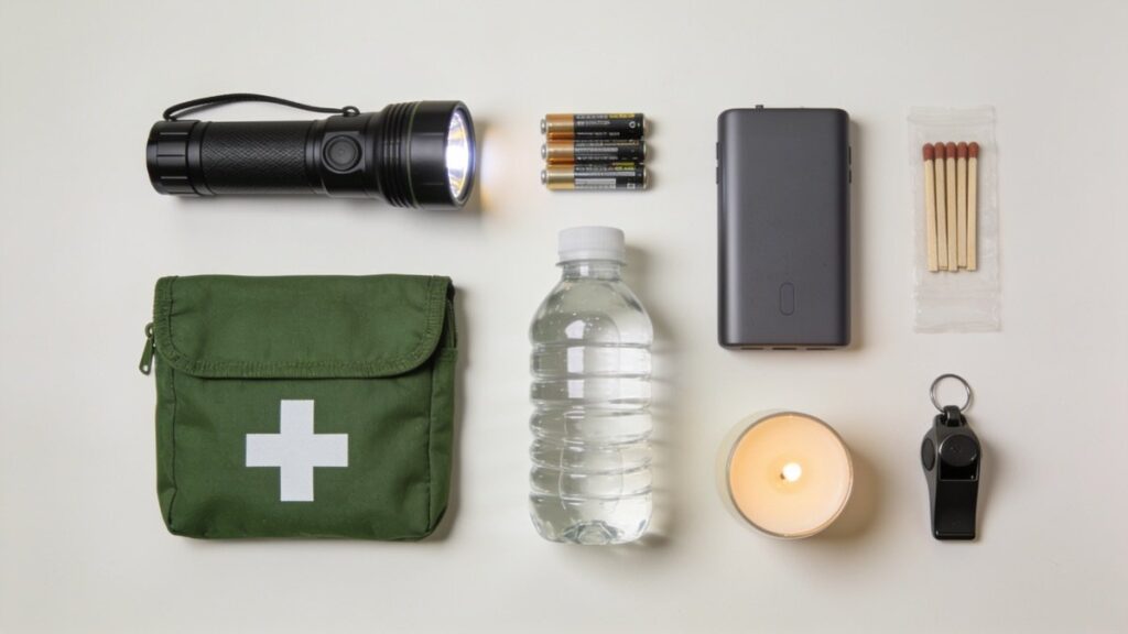 Kit de emergência organizado: lanterna, pilhas, bolsa de primeiros socorros, água, carregador portátil, vela, fósforos e apito