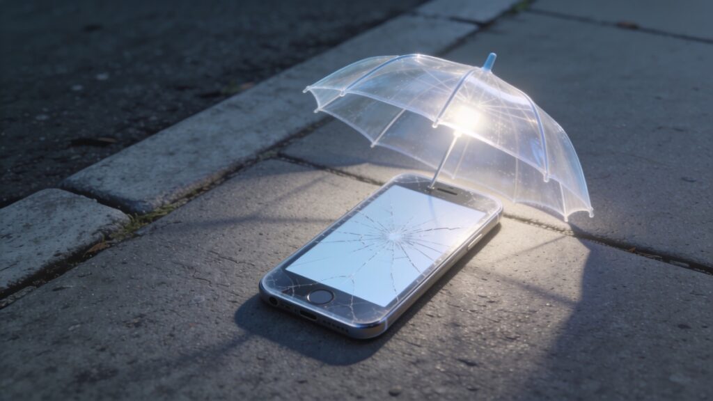 Celular com a tela trincada na calçada, protegido por um guarda-chuva transparente