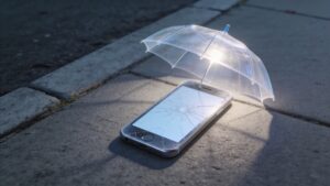 Celular com a tela trincada na calçada, protegido por um guarda-chuva transparente