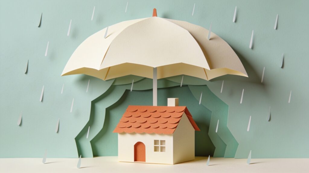 Ilustração em papel recortado de uma casa protegida por um grande guarda-chuva durante a chuva