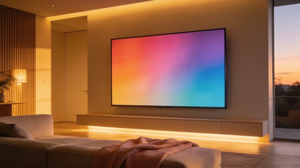 Sala de estar moderna com smart TV grande na parede exibindo um degradê colorido e sofá em primeiro plano