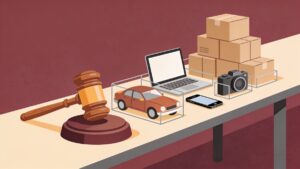 Ilustração de martelo de leilão e lotes de mercadorias sobre uma mesa