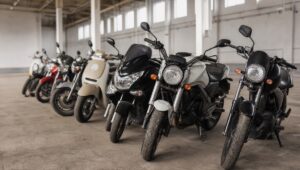 Fileira de motos usadas estacionadas em um galpão