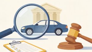 Ilustração de lupa examinando um carro diante de um prédio público genérico