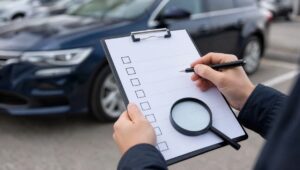 Mãos marcando um checklist com lupa antes de comprar um carro de leilão