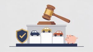 Ilustração de martelo de leilão sobre um pódio com carros e escudo de confiança