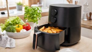 Air fryer com o cesto aberto mostrando batatas douradas na bancada