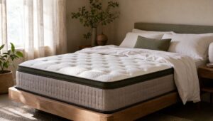 Colchão novo em uma cama de madeira num quarto claro